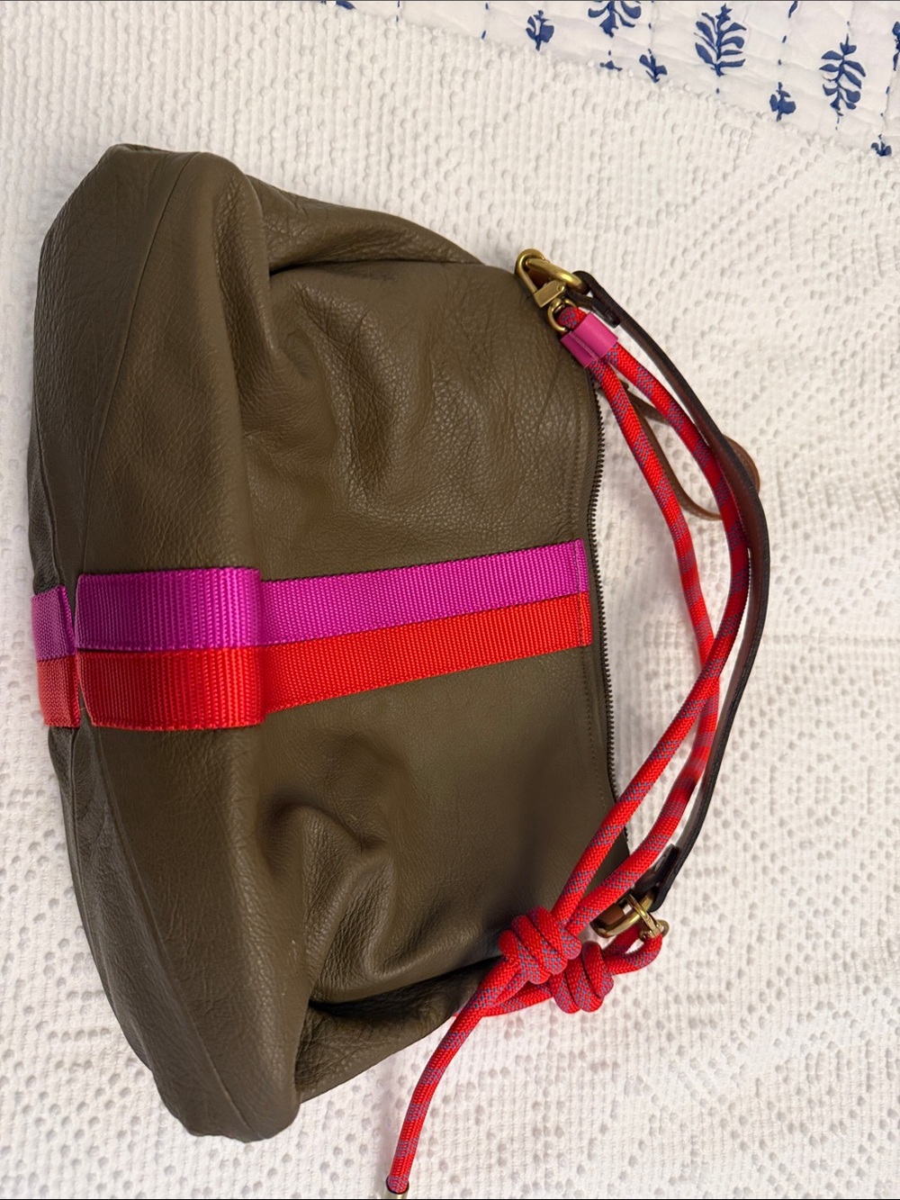 Olive Leather Wristlet with Pink and Red Webbing